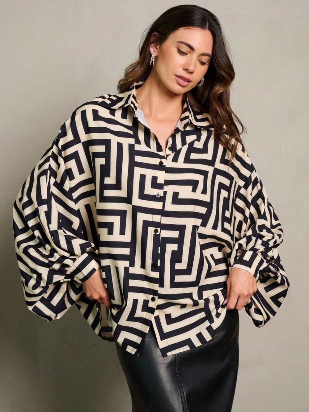 Geometric Black & Cream Oversized Button-Up Blouse